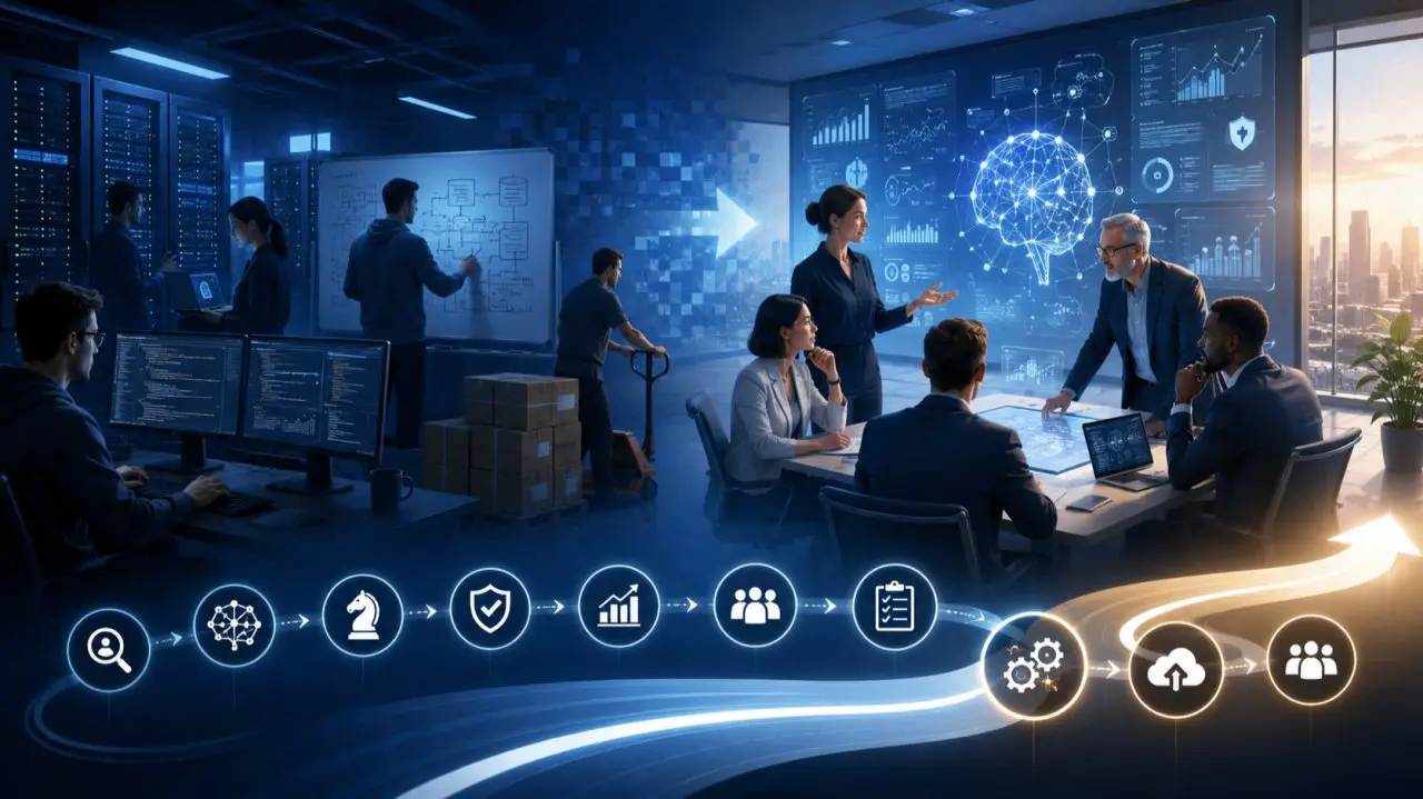Consultants and engineers collaborating in front of AI dashboards, above a row of icons for the AI project lifecycle
