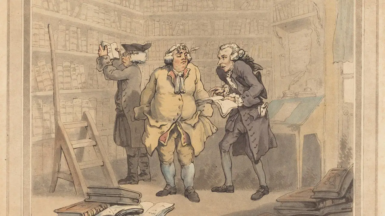 Historical engraving of scholars examining books in an old library