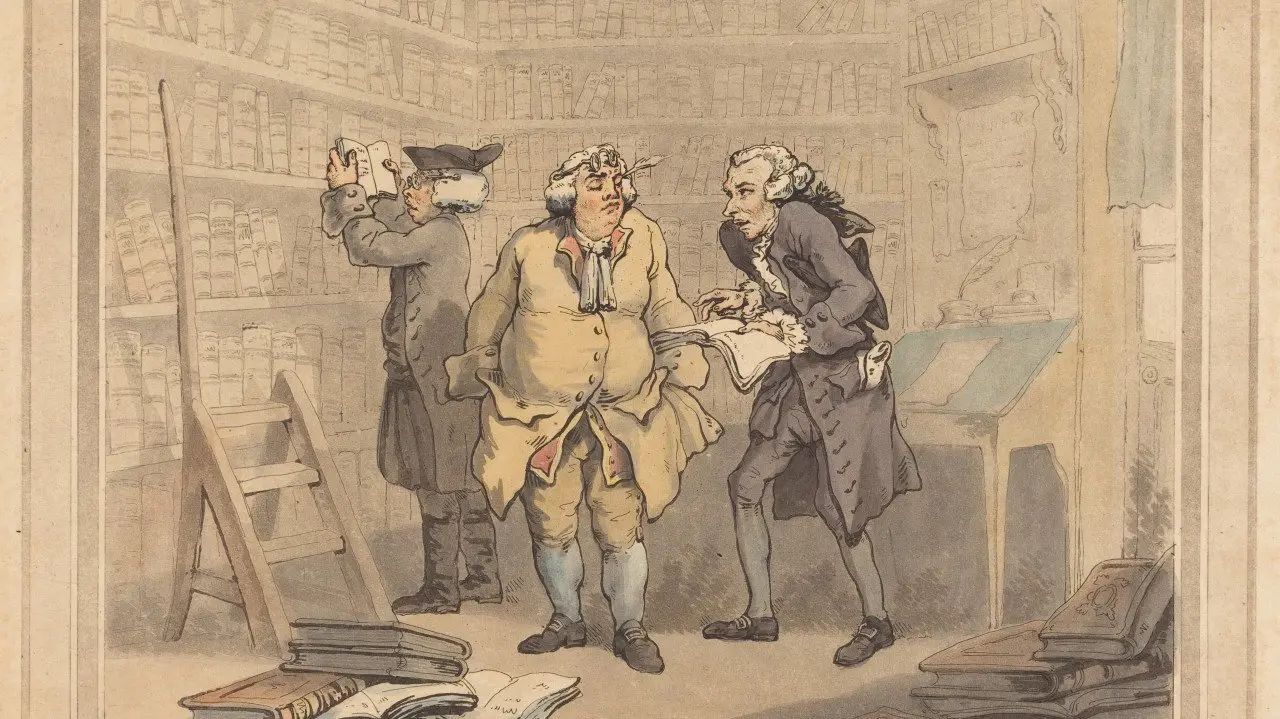 Historical engraving of scholars examining books in an old library