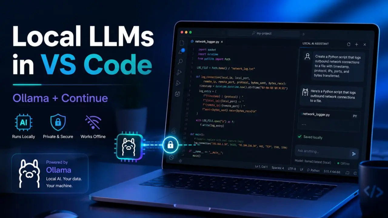 Title card "Local LLMs in VS Code: Ollama + Continue" next to a laptop showing the editor