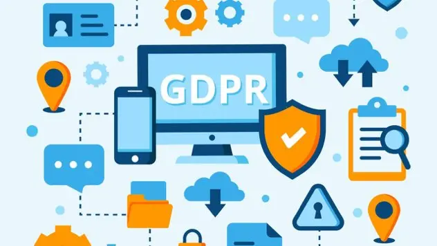 Flat illustration of a GDPR screen surrounded by data protection icons