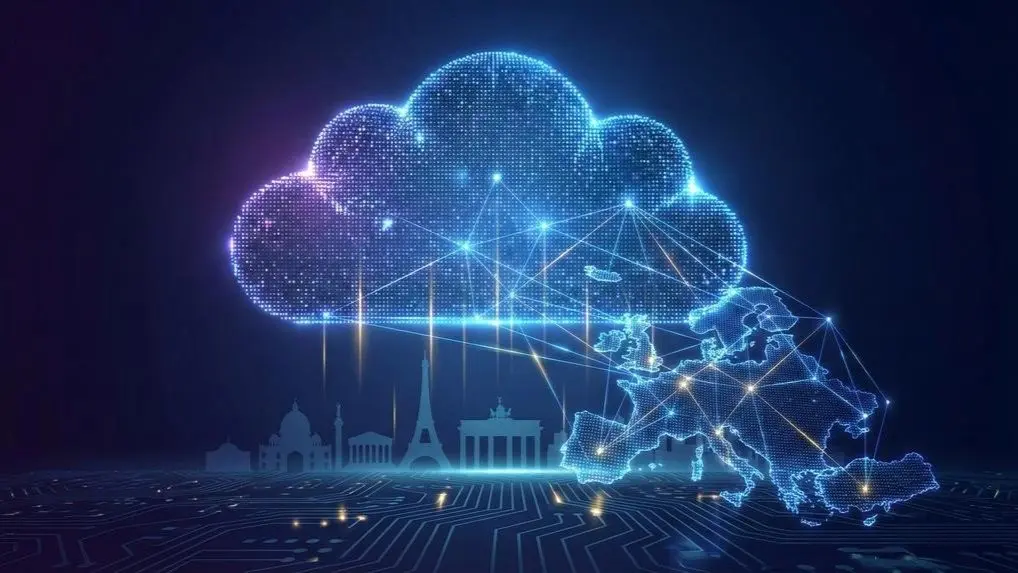 A glowing digital cloud made of network lines above a map of Europe