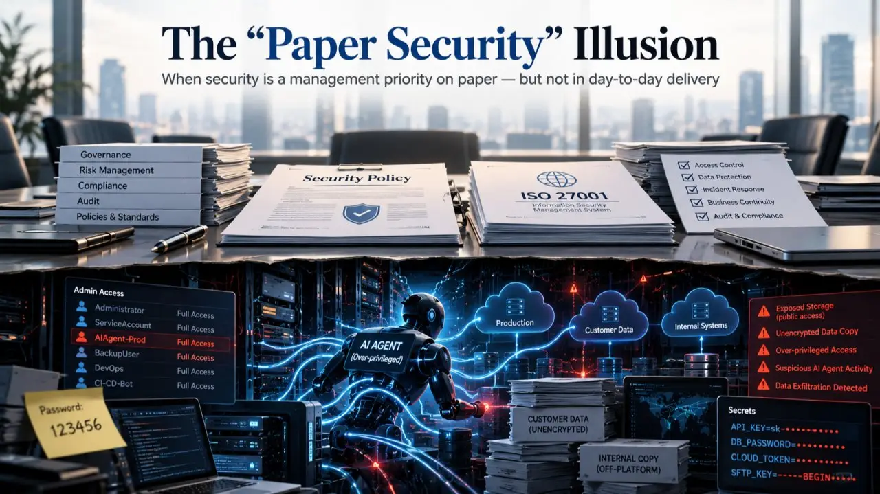 Illustration titled "The Paper Security Illusion": security policies and an ISO 27001 binder on a desk above over-privileged AI agents and exposed secrets